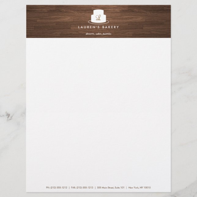 Cake Monogram Logo in White on Brown Woodgrain Letterhead Template (Front)
