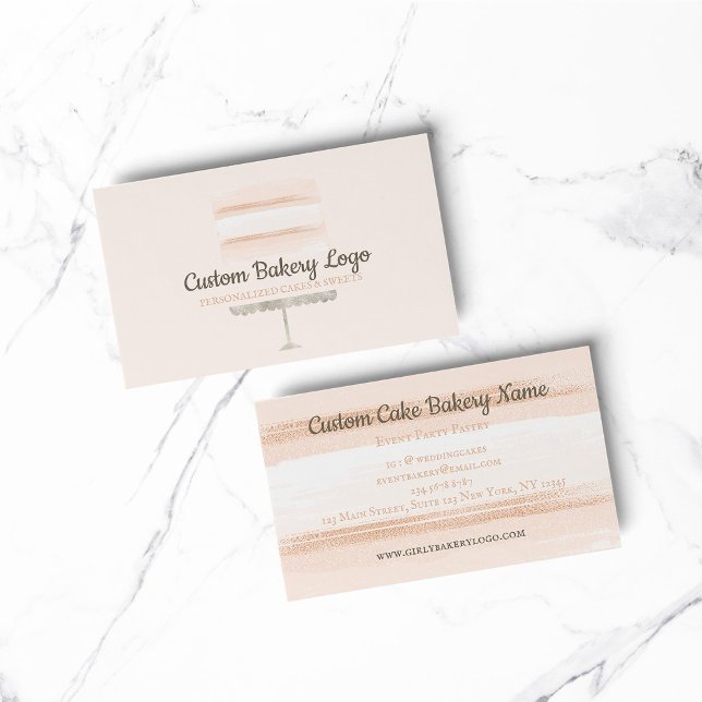 Cake Party Bakery Blush Pink Elegant Business Card (BAKERY PASTRY CHEF COOK CAKE event planner business)