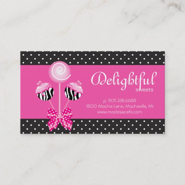 Cake Pops Business Card Bakery Zebra Retro Black (Front)