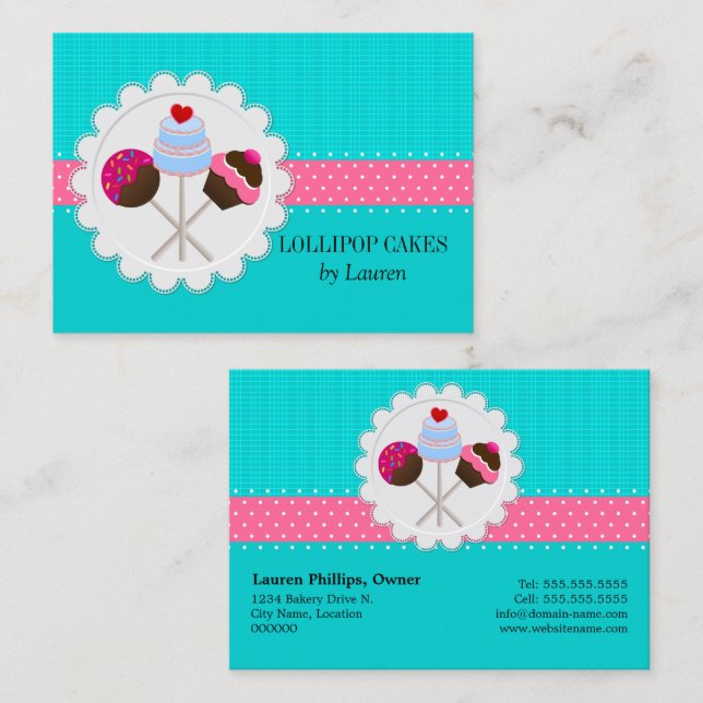 Cake Pops Turquoise Pink Ribbon Business Card (Front/Back)