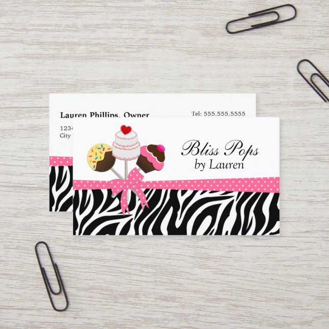 Cake Pops Zebra Stripes Ribbon Bakery Business Card (Front/Back In Situ)