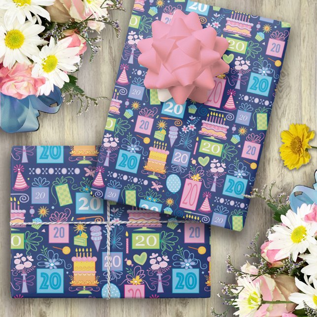 Cake Presents Balloons Blue 20th Birthday  Wrapping Paper Sheet (Creator Uploaded)