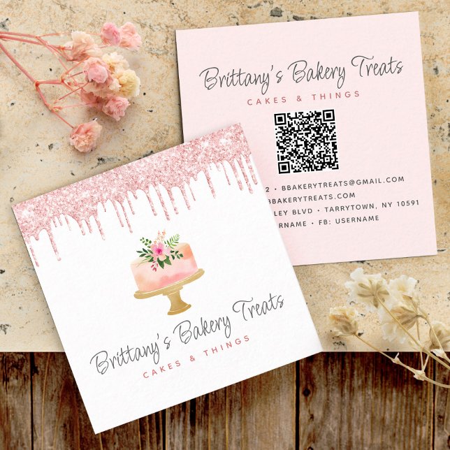 Cake QR Code Blush Pink Glitter Drips Pastry Chef Square Business Card (Creator Uploaded)