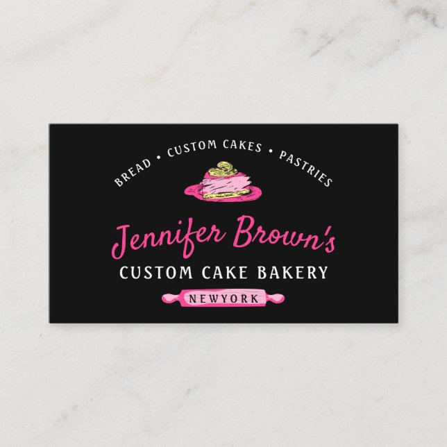 Cake Slice Tasty Pastry Bakery cheesecake black Business Card (Front)