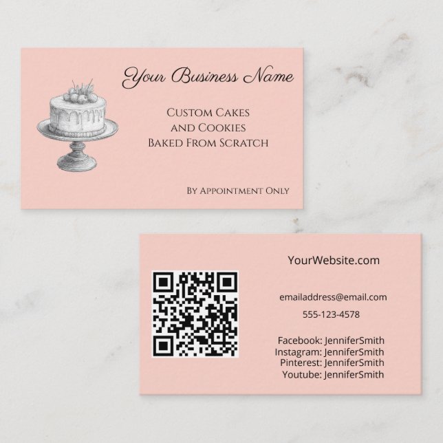 Cake Stand Elegant Bakery Peach Custom QR Code Business Card (Front/Back)