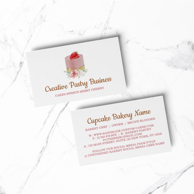 Cake strawberry pink pastry business card (BAKERY PASTRY CHEF COOK CAKE event planner business)