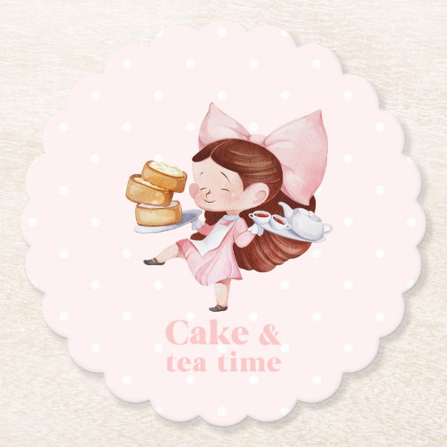 Cake & Tea Time Scalloped Paper Coaster (Front)