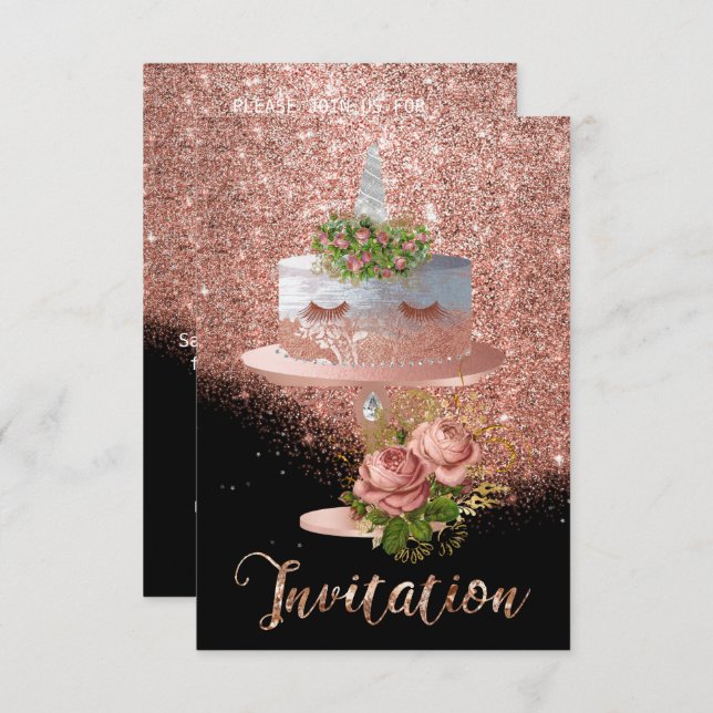 Cake Unicorn Pink Gold Crystals Silver Glitter Lux Invitation (Front/Back)