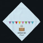 Cake With Colourful Banner On Blue Birthday Boy Bandana<br><div class="desc">Destei's original cartoon illustration of a brown birthday cake with four candles on it and a colourful bunting banner above the cake. The background colour is light blue. One personalizable text area reads: "Birthday Boy" while on another there is space for a name.</div>