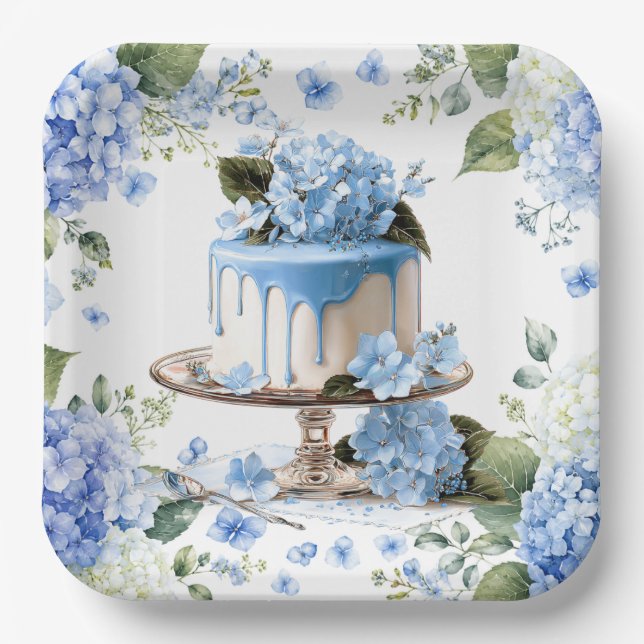 Cake with  Hydrangea Flowers Paper Plate (Front)