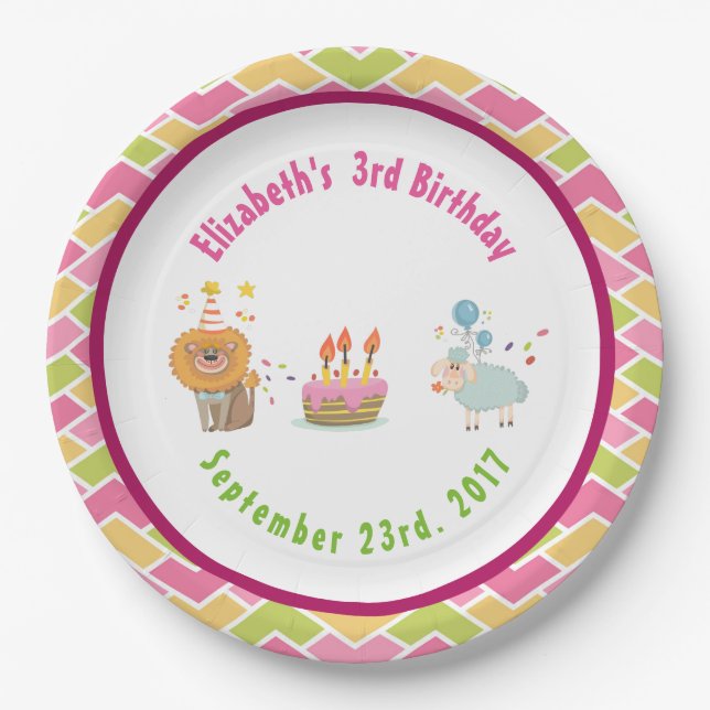 Cake with Party Lion and Balloon Birthday Paper Plate (Front)