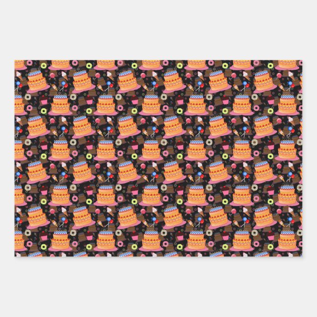Cakes And Pastries Black Wrapping Paper Sheet (Front)