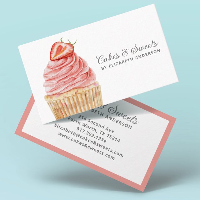 Cakes & Sweets Cupcake Bakery Pastry Chef Business Card (A pretty and modern cupcake bakery business card featuring a strawberry cupcake)
