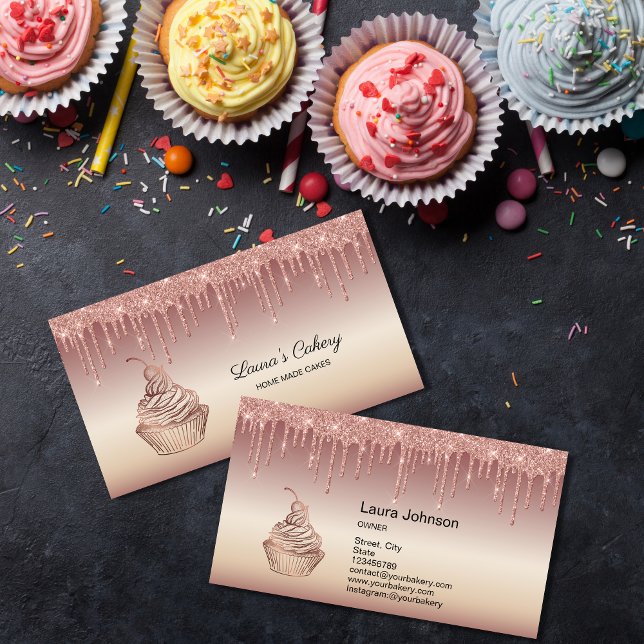 Cakes & Sweets Cupcake Home Bakery Dripping Gold Business Card (Creator Uploaded)
