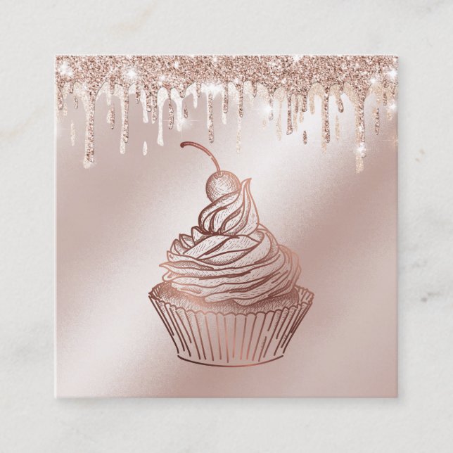 Cakes & Sweets Cupcake Home Bakery Dripping Gold Square Business Card (Front)