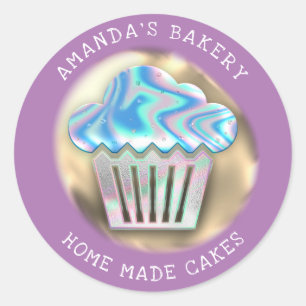 Cakes Sweets Cupcake Home Bakery Holograph Purple Classic Round Sticker