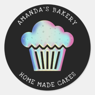 Cakes Sweets Cupcake Home Bakery Holographic Black Classic Round Sticker