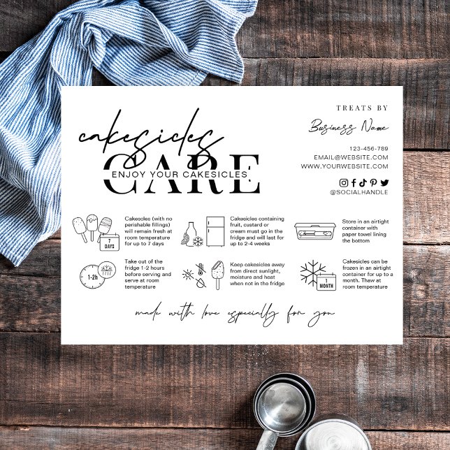 Cakesicles Care Guide Minimalist Logo Bakery Thank You Card (Minimal black and white cakesicles customer care note with care icons)
