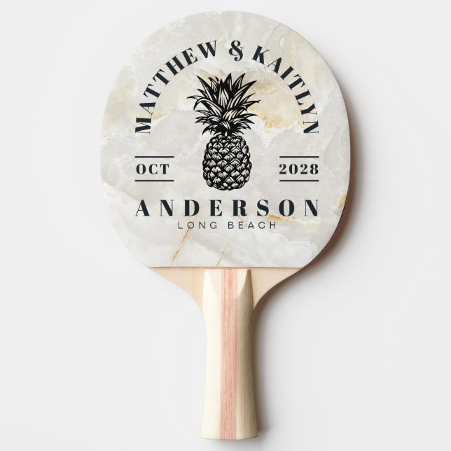 Calacatta Gold Tropical Pineapple Wedding Crest Ping Pong Paddle (Front)