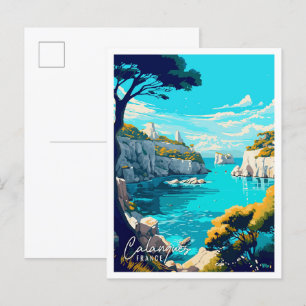Calanques France Art vintage travel illustration Postcard