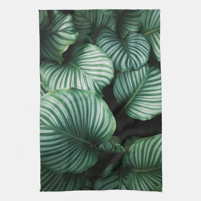 Calathea leaves, striped tropical plants dish tea towel (Vertical)