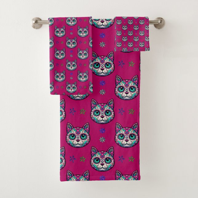 Calavera Cat Art Pattern Bath Towel Set (Insitu)