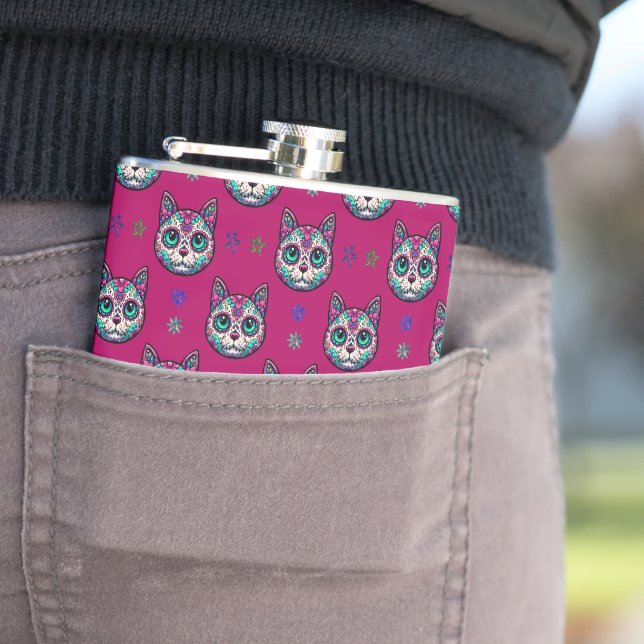 Calavera Cat Art Pattern Hip Flask (In Situ)