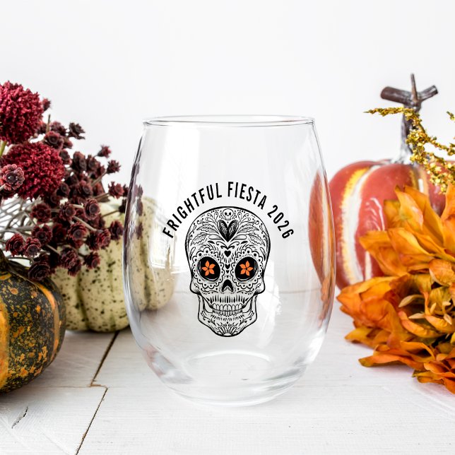 Calavera Skull Personalised Halloween Stemless Wine Glass (Creator Uploaded)