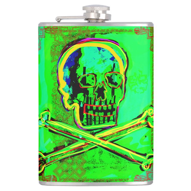 Calavera Skull pGeek NFT Art Green Red Hip Flask (Front)