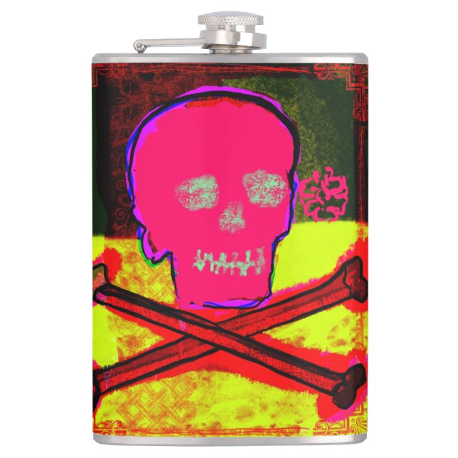 Calavera Skull pgeek NFT Art Red Black Yellow Hip Flask (Front)