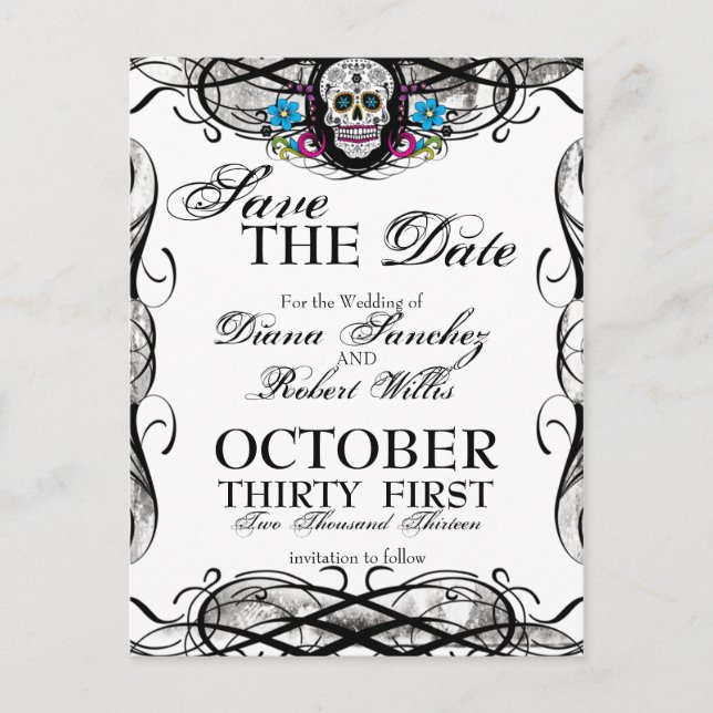 Calaveras Sugar Skull & Flourishes Save the Date Announcement Postcard (Front)