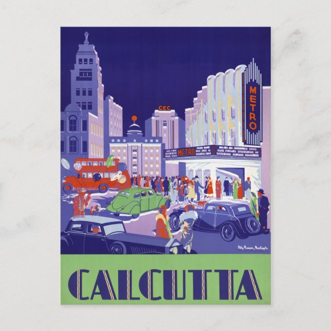 Calcutta Vintage Travel Poster Restored Postcard (Front)