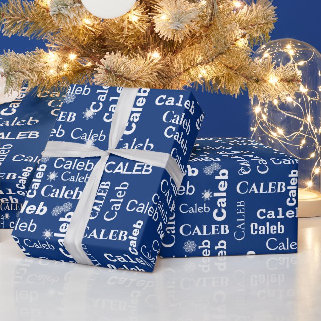 CALEB Custom Name With Snowflakes On Blue Wrapping Paper (Holidays)