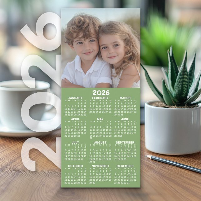 Calendar 1 Photo Collage - Can Edit Green - Card (2026 Calendar on Cardstock - Simple, Minimal Design and Photo Collage)