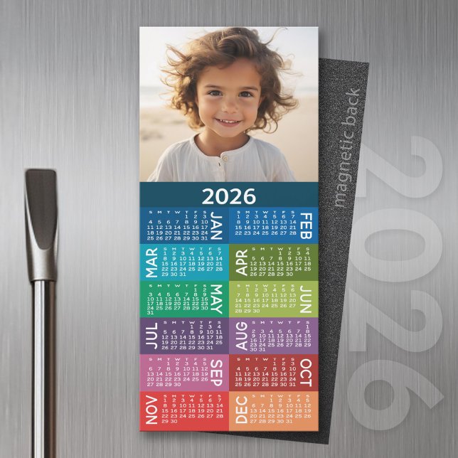 Calendar 1 Photo Collage Colorful Magnet (2026 Calendar Magnet for the Fridge or Home Office - Add a Photo for a Personal Touch)