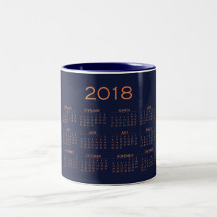 Calendar 2018 Blue Navy Minimal Copper Rose Gold Two-Tone Coffee Mug