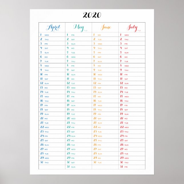 Calendar 2020 Colorful Poster With Four Month (Front)