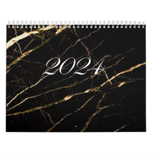 Calendar 2024 black marble pattern with gold