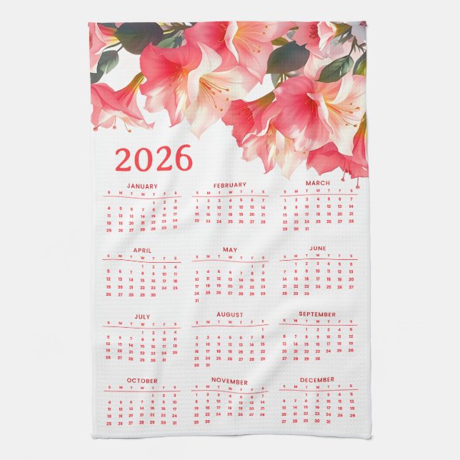 Calendar 2026 with flowers tea towel (Vertical)
