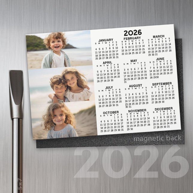Calendar - 3 Photos - Basic Black White Magnet (2026 Calendar on a Refrigerator Magnet with a Photo Collage)