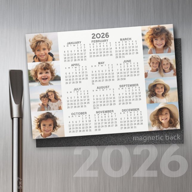 Calendar - 8 Photos - Basic Grey White Magnet (2026 Calendar on a Refrigerator Magnet with a Photo Collage)