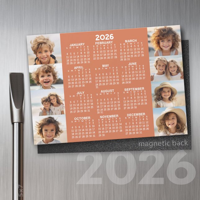 Calendar - 8 Photos Basic Terra Cotta White Magnet (2026 Calendar on a Refrigerator Magnet with a Photo Collage)