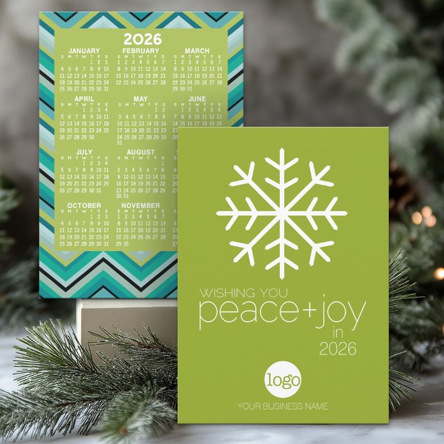 Calendar and Logo Peace Joy Business Holiday Card (2026 Calendar on a Business Holiday Card)