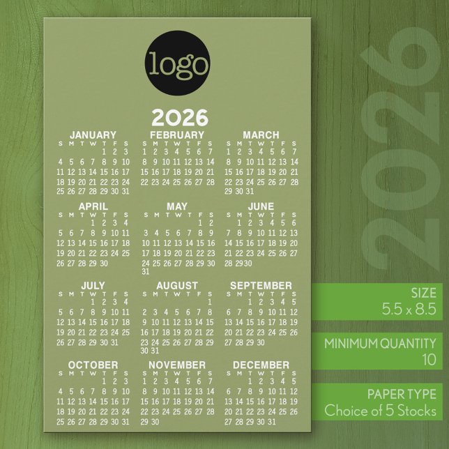 Calendar - Basic Green White Minimal Stationery (2026 Calendar on Stationery Sheet)