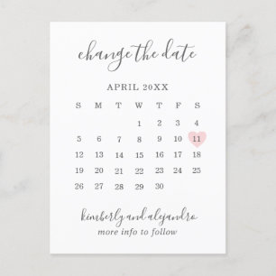 Calendar Change the Date Pink Heart Cute Announcement Postcard