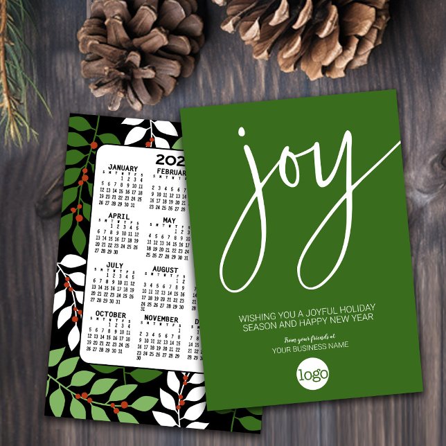 Calendar - festive JOY black green red with Logo Holiday Card (Modern Holiday Card for Your Business - Add a Logo and hand out a yearly calendar)