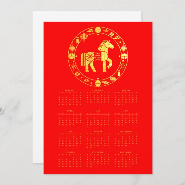 Calendar Gold Chinese new year 2026 Holiday Card (Front/Back)