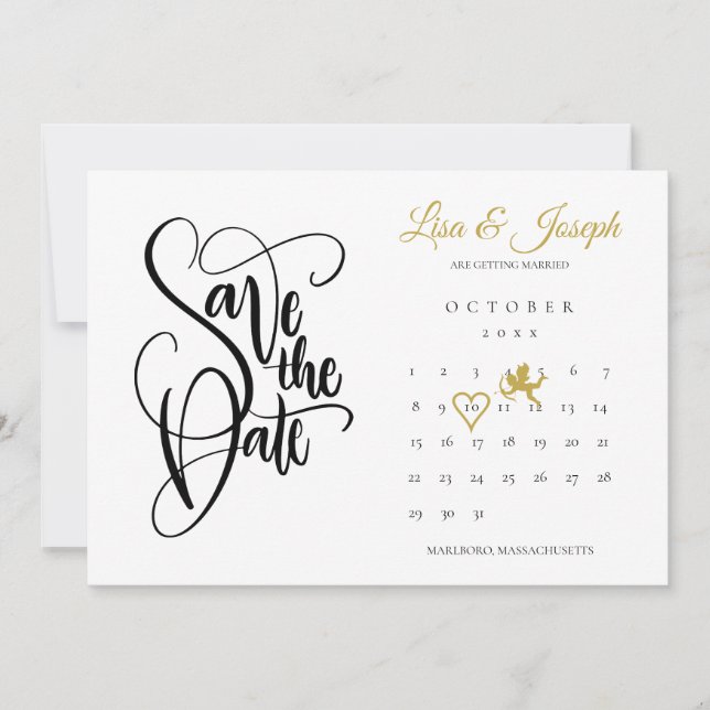 Calendar Gold Cupid Love Heart Save the Date Invitation (Front)