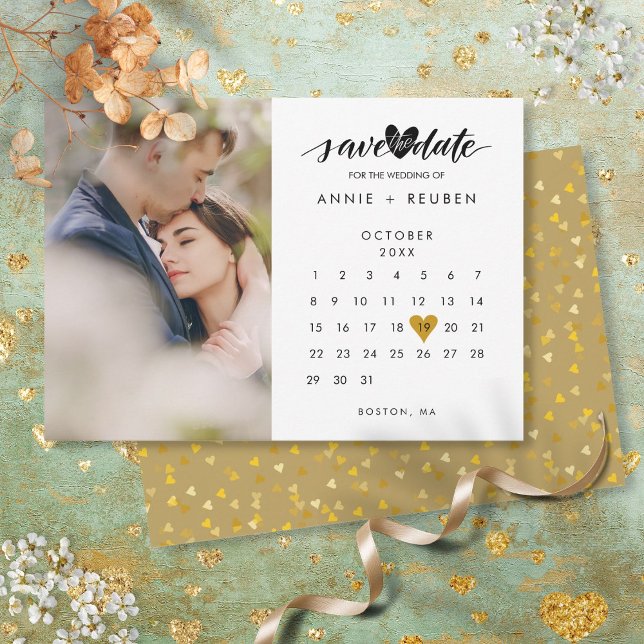 Calendar Gold Heart Confetti Photo Wedding Save The Date (Calendar Gold Heart Confetti Photo Wedding Save The Date)