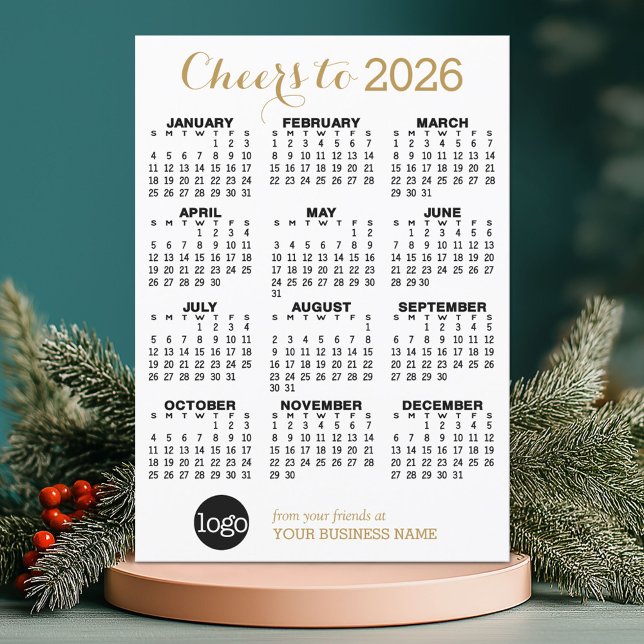 Calendar Gold White - Business Logo - Classic Holiday Card (2026 Calendar on a Holiday Business Card)